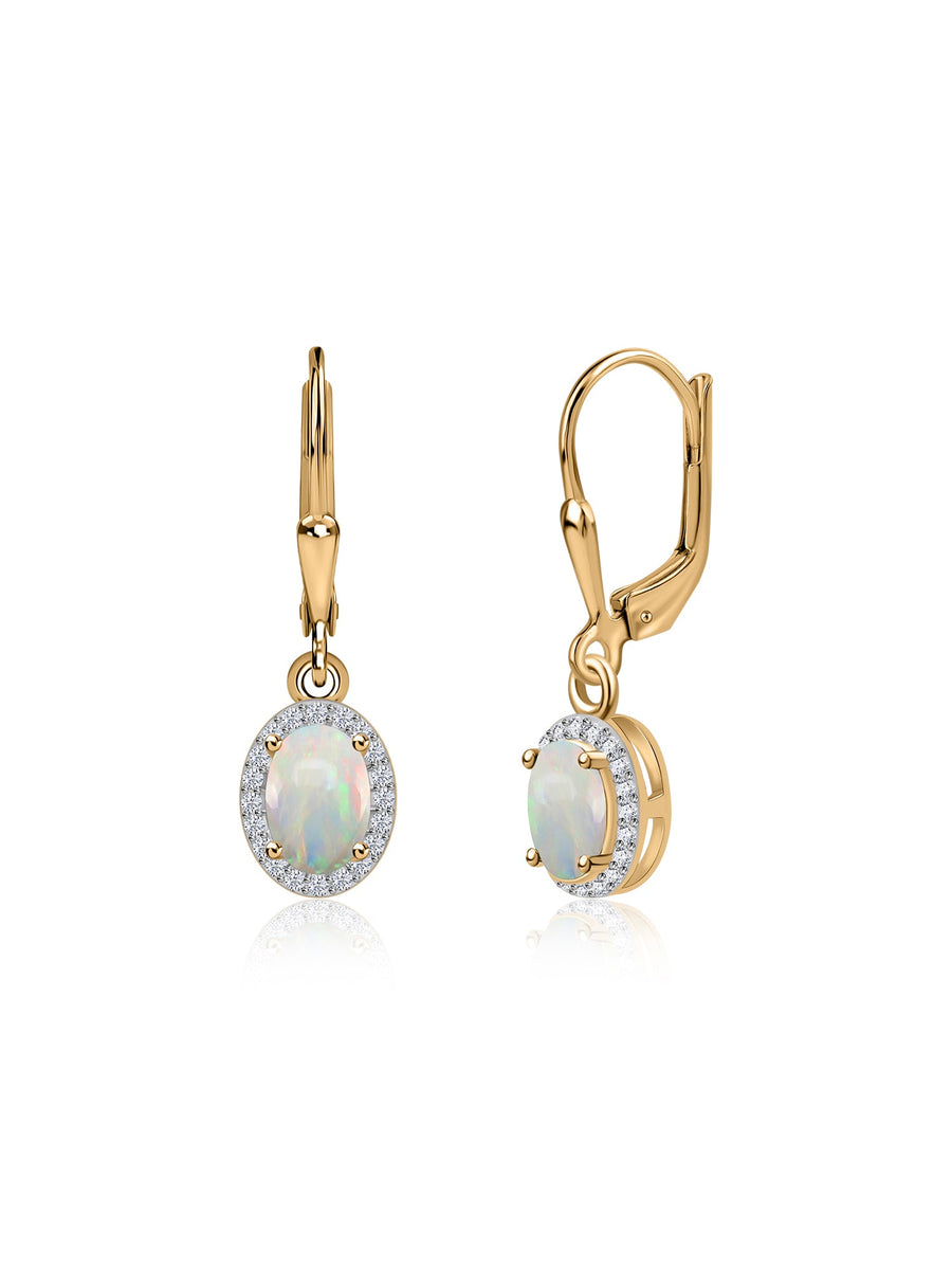 Natural Opal Halo Dangle Earrings in Gold