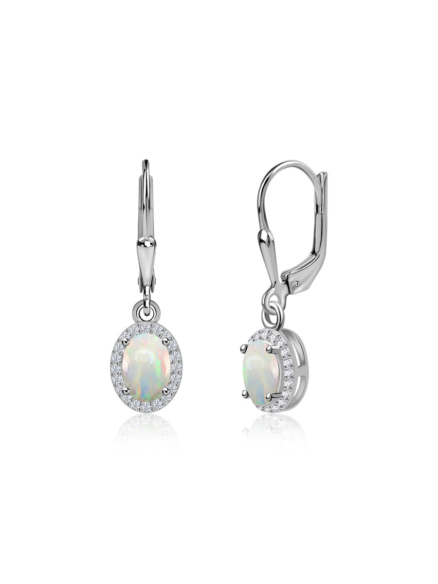 Natural Opal Halo Dangle Earrings in Gold