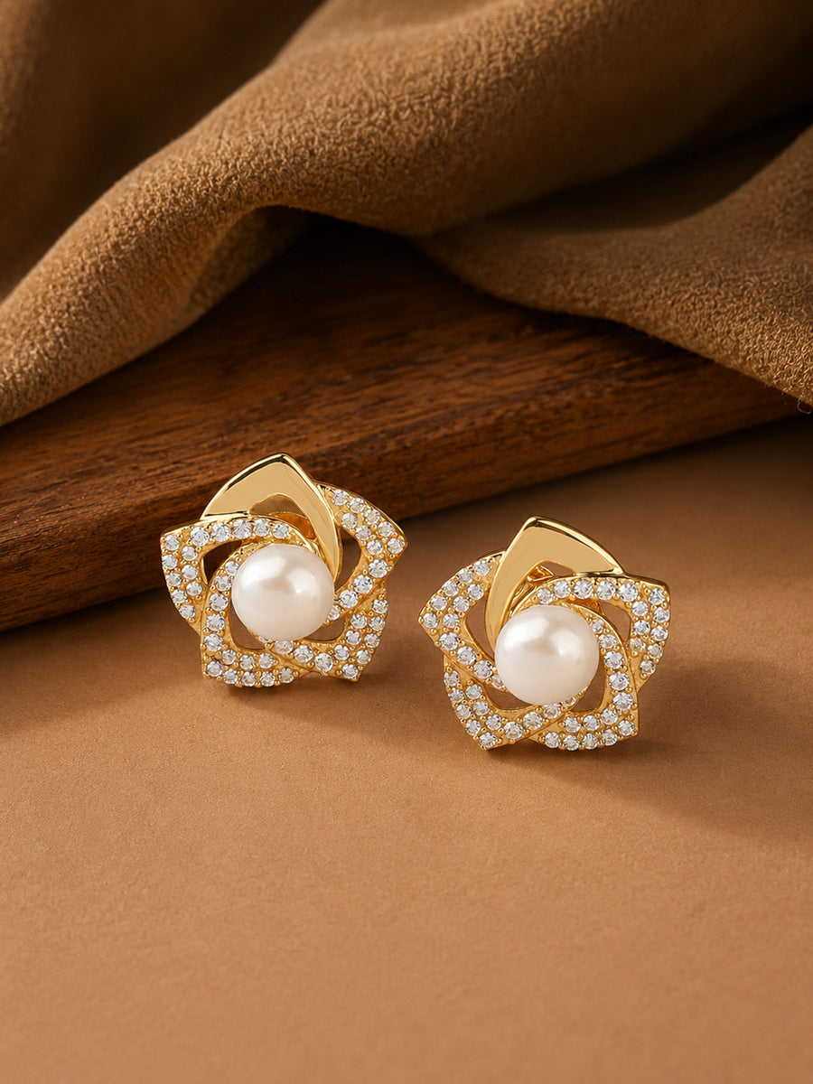 Natural Pearl Flower Gold Plated Earring For Women