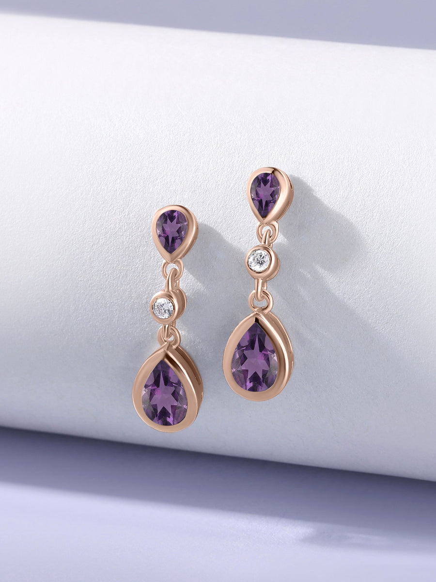 Natural African Amethyst Pear Drop Earrings in Gold