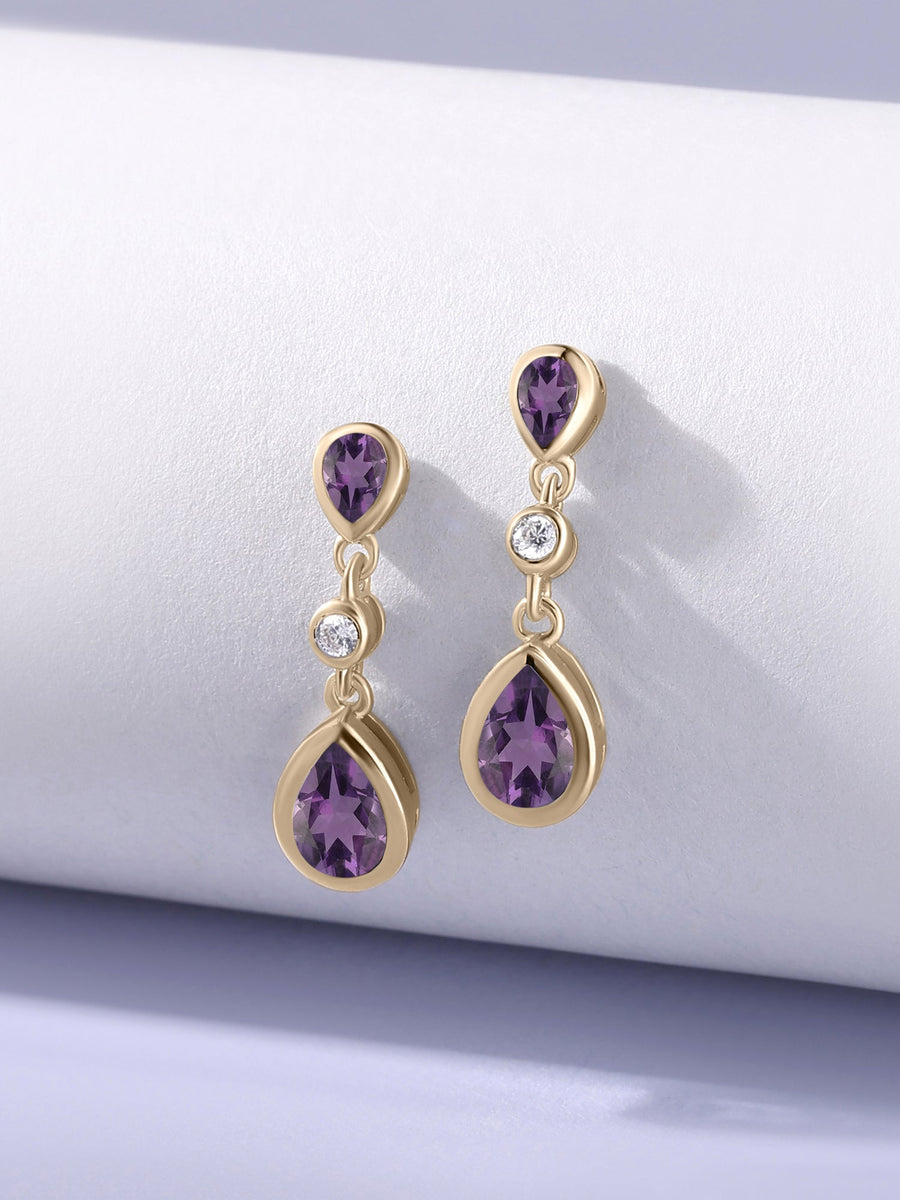 Natural African Amethyst Pear Drop Earrings in Gold