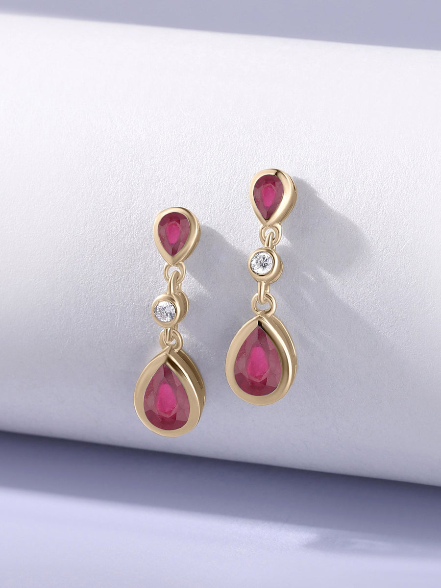 Natural Glass Filled Ruby Pear Drop Earrings in Gold