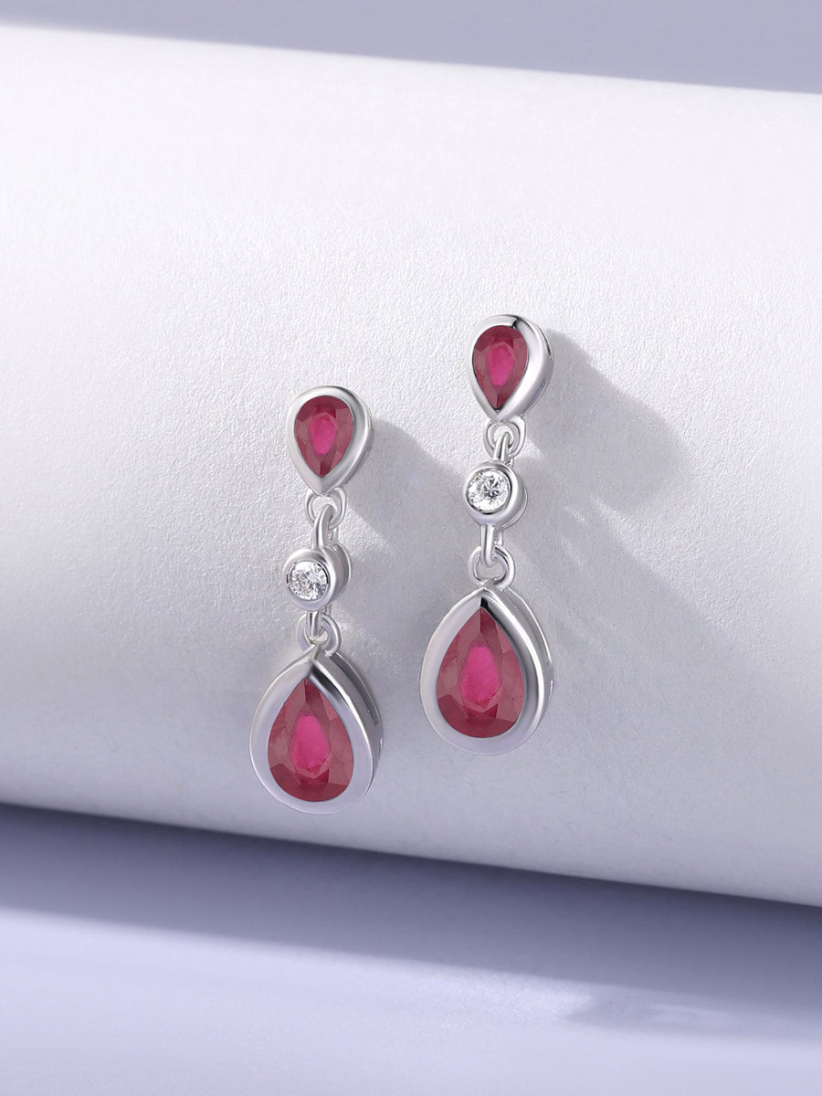 Natural Glass Filled Ruby Pear Drop Earrings in Gold
