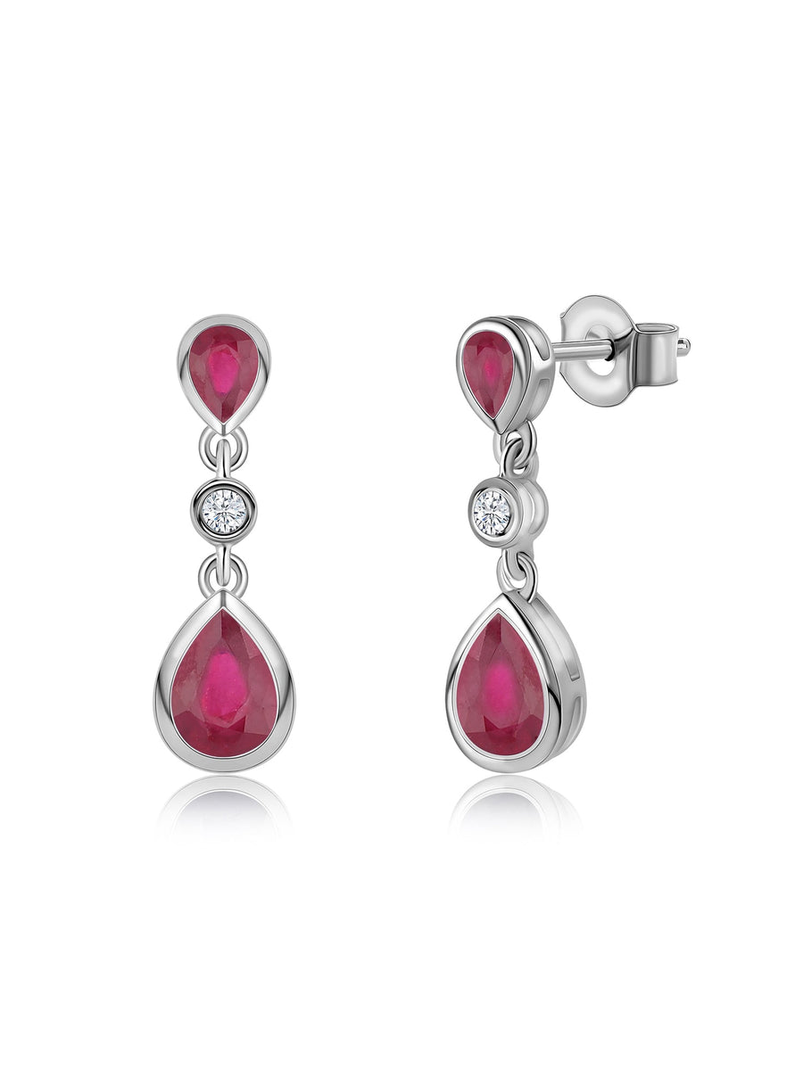 Natural Glass Filled Ruby Pear Drop Earrings in Gold