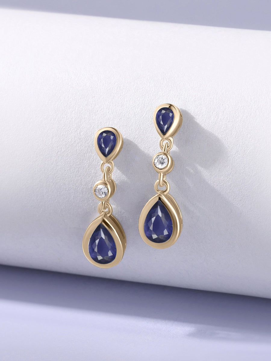 Natural Iolite Pear Drop Earrings in Gold