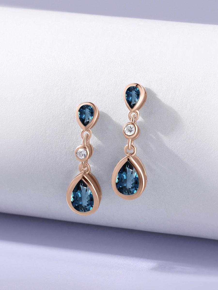 Natural London Blue Topaz Pear Drop Earrings in Gold