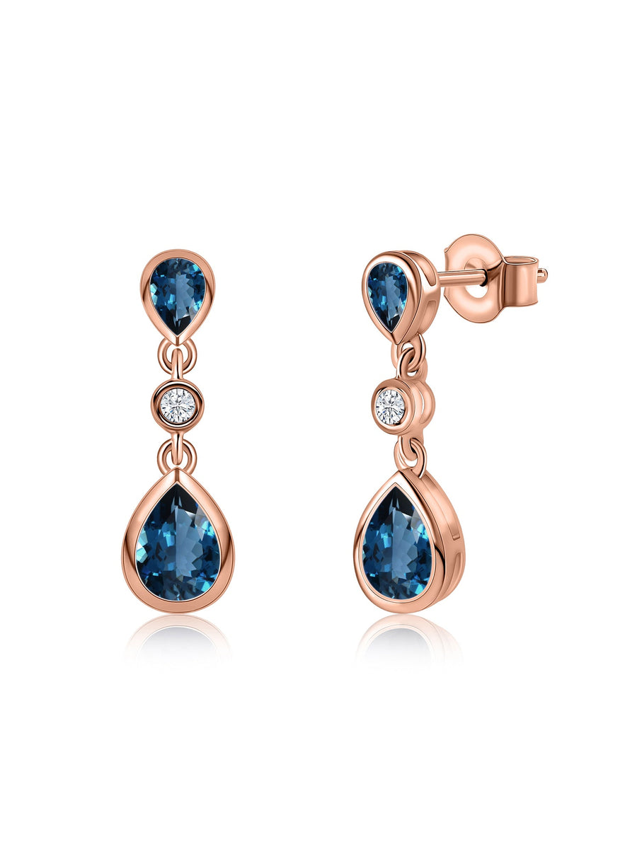 Natural London Blue Topaz Pear Drop Earrings in Gold