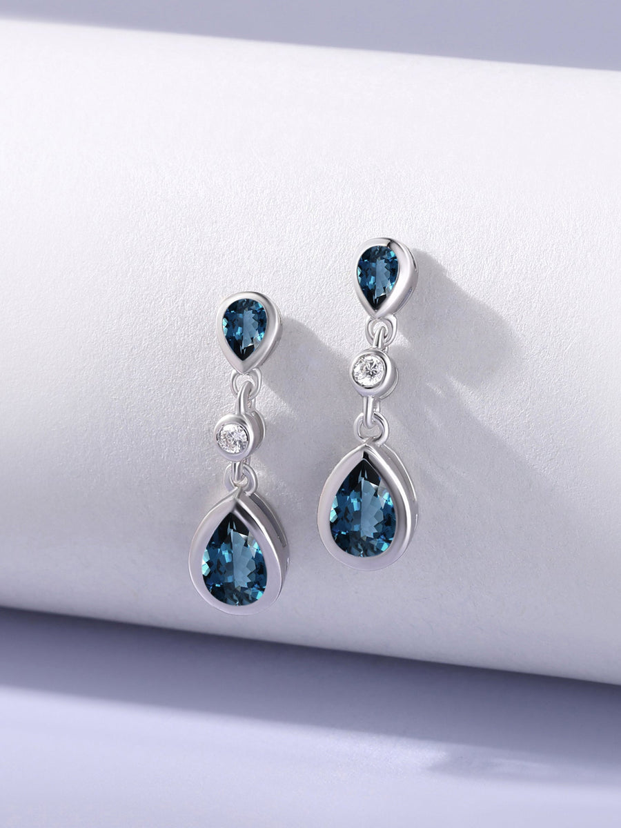 Natural London Blue Topaz Pear Drop Earrings in Gold