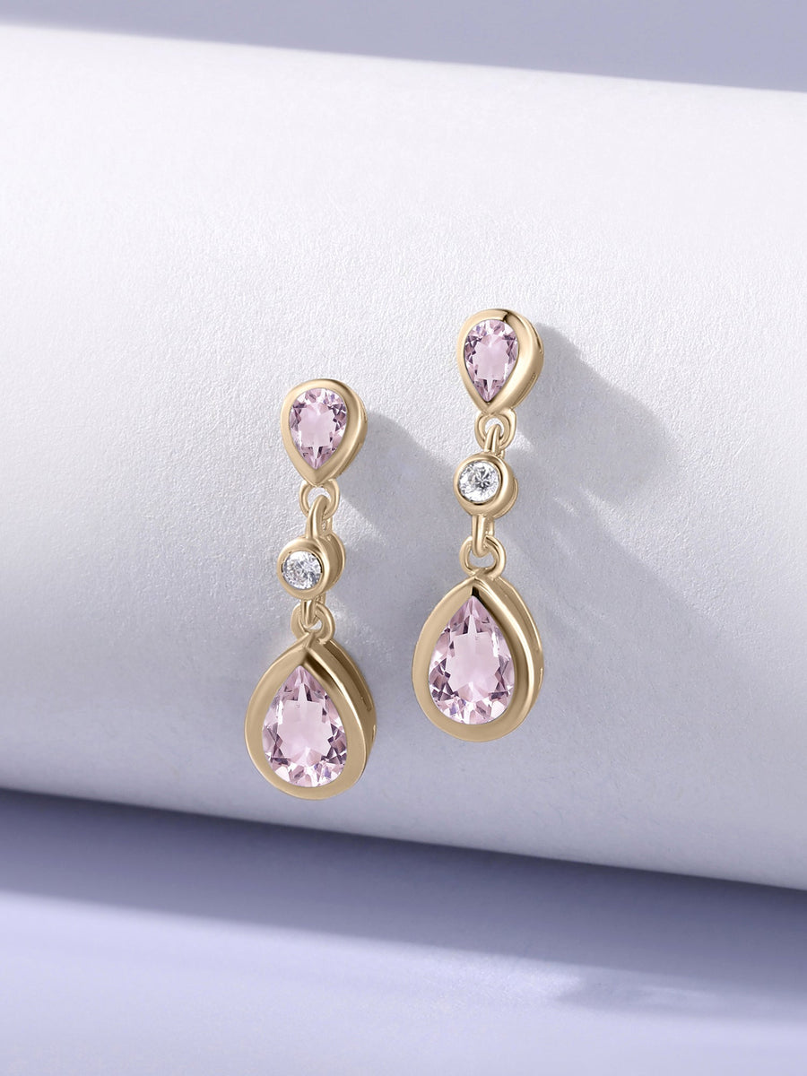 Natural Rose De France Pear Drop Earrings in Gold