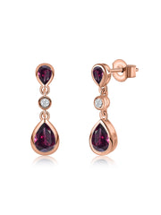 Natural Rhodolite Garnet Pear Drop Earrings in Gold