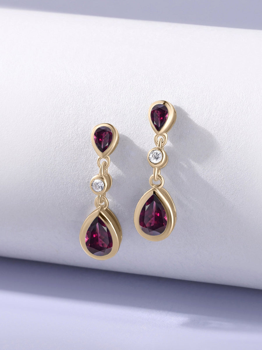 Natural Rhodolite Garnet Pear Drop Earrings in Gold