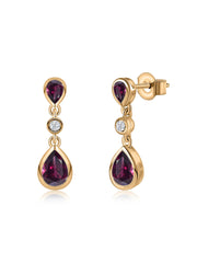 Natural Rhodolite Garnet Pear Drop Earrings in Gold