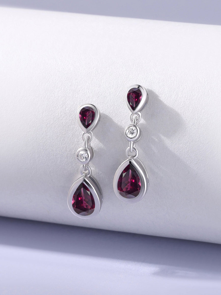 Natural Rhodolite Garnet Pear Drop Earrings in Gold
