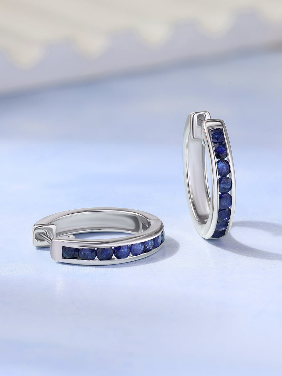 Natural Blue Sapphires Modern Hoop Earrings