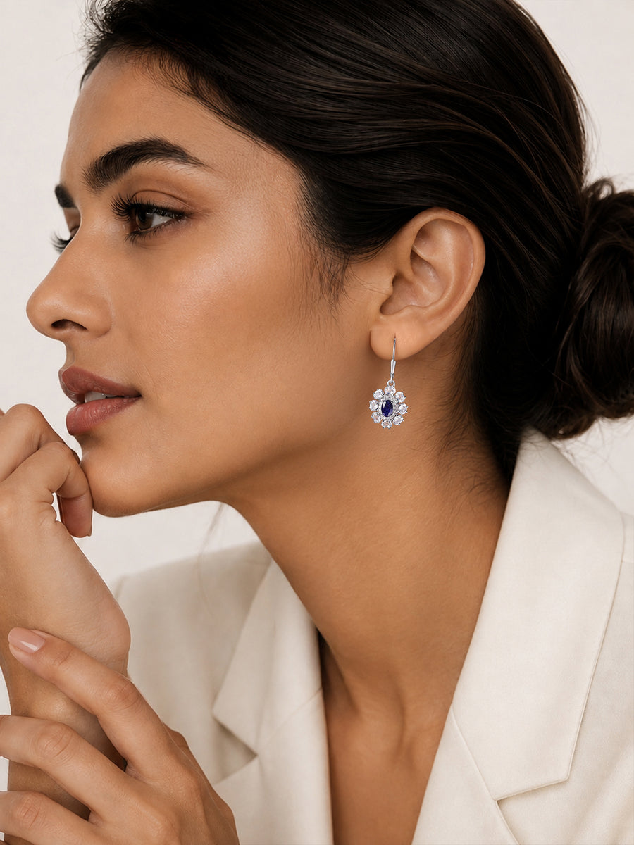 Natural Blue Sapphire Silver Dangle Earrings for Women