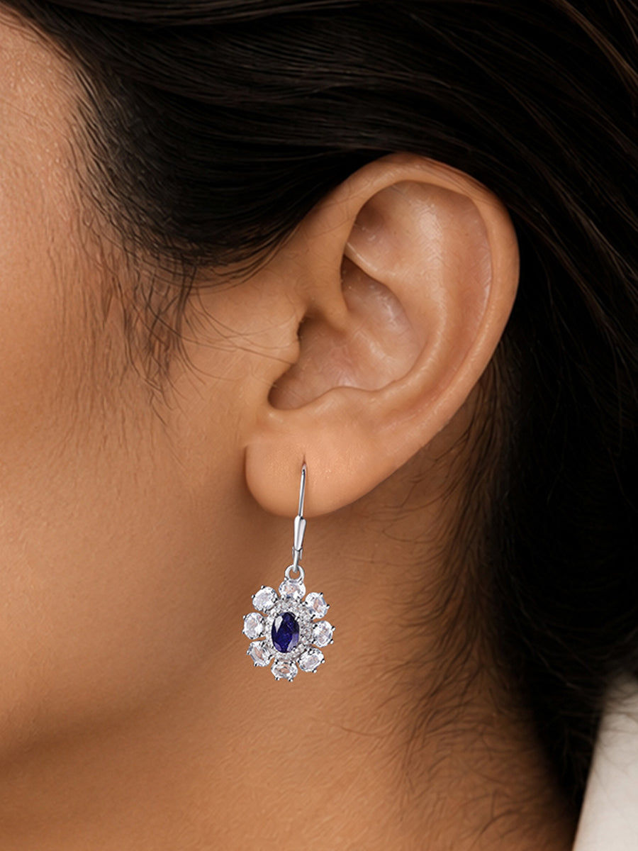 Natural Blue Sapphire Silver Dangle Earrings for Women