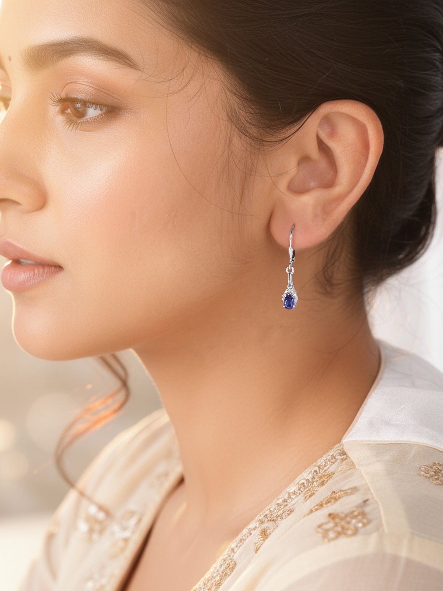 Silver Drop Earrings with Natural Blue Sapphire