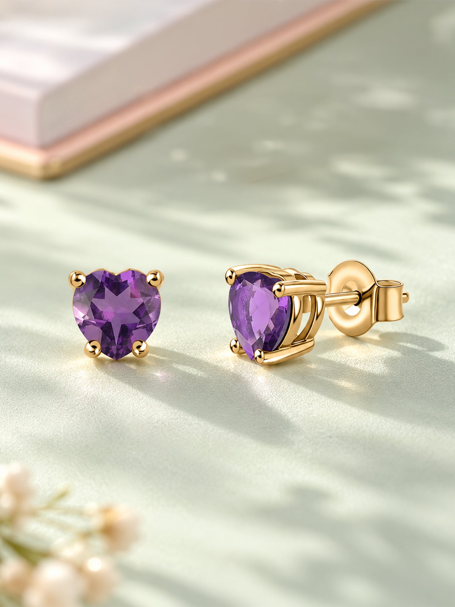 Natural Amethyst Heart Gold Stud Earrings