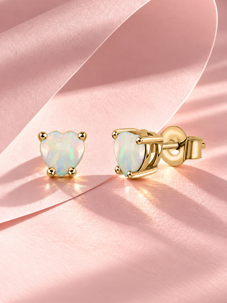 Natural Ethiopian Opal Heart Gold Stud Earrings