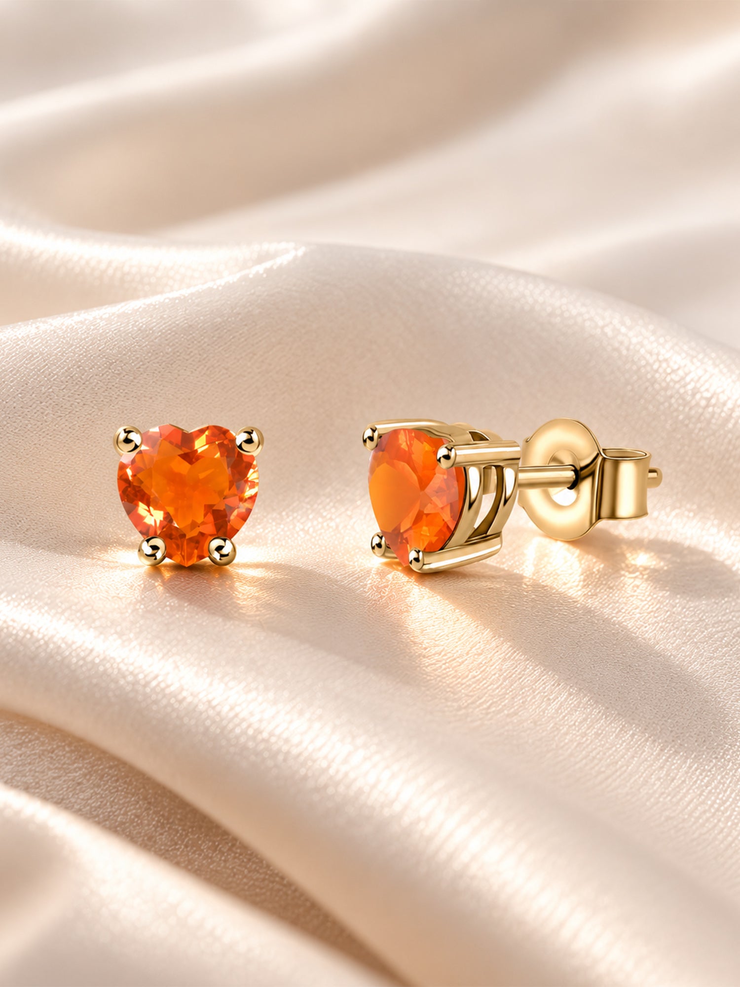 Natural Fire Opal Heart Gold Stud Earrings