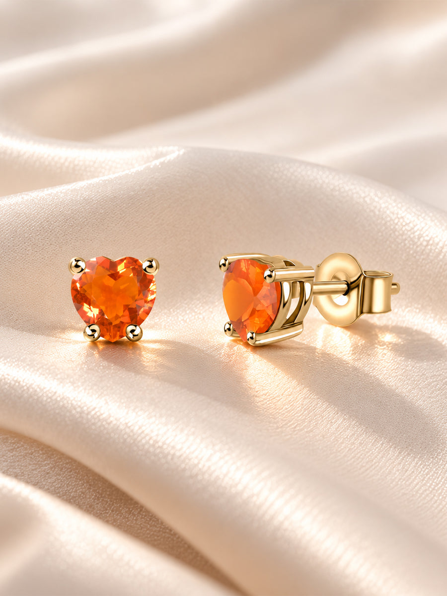 Natural Fire Opal Heart Gold Stud Earrings