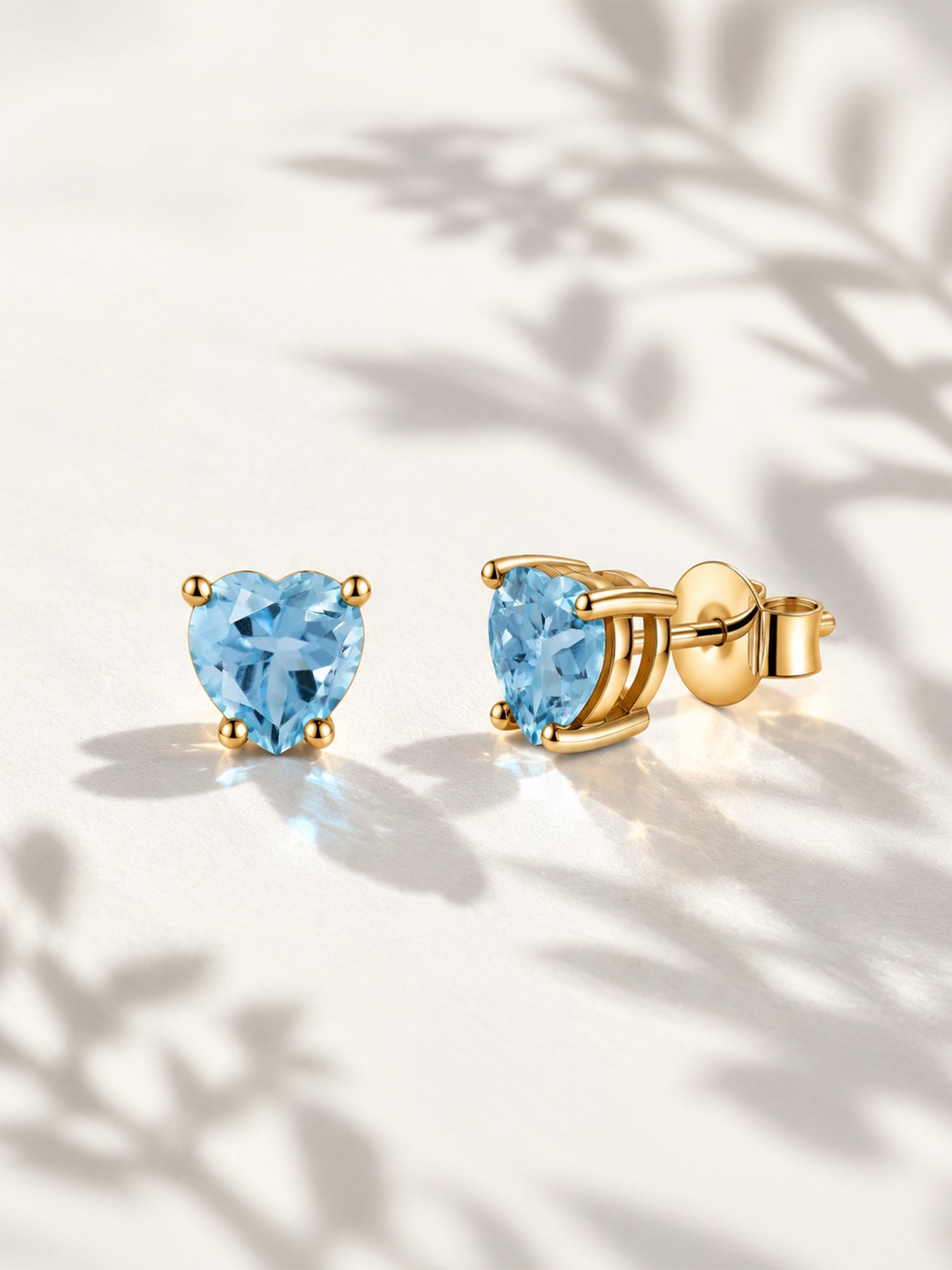 Natural Blue Topaz Heart Gold Stud Earrings