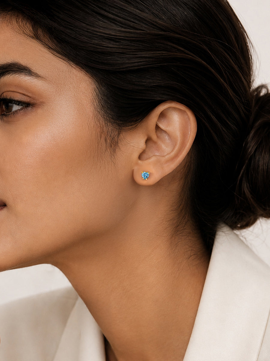 Natural Blue Topaz Heart Gold Stud Earrings
