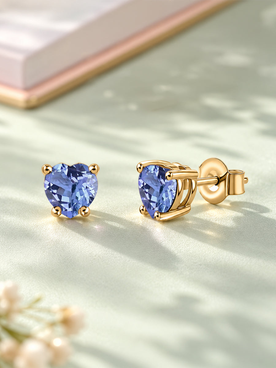 Natural Tanzanite Heart Gold Stud Earrings