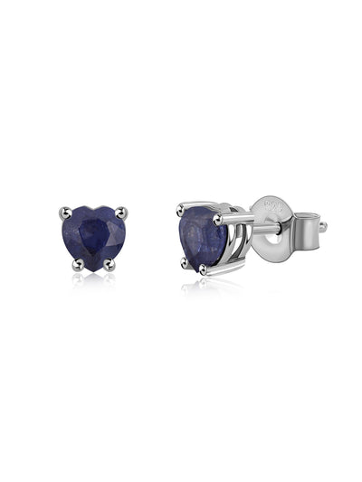 Natural Blue Sapphire Silver Heart Stud Earrings for Women
