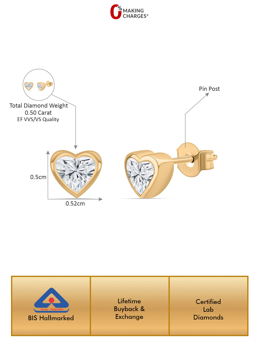 Lab Grown 0.50 Carat Heart Diamond Stud Earrings
