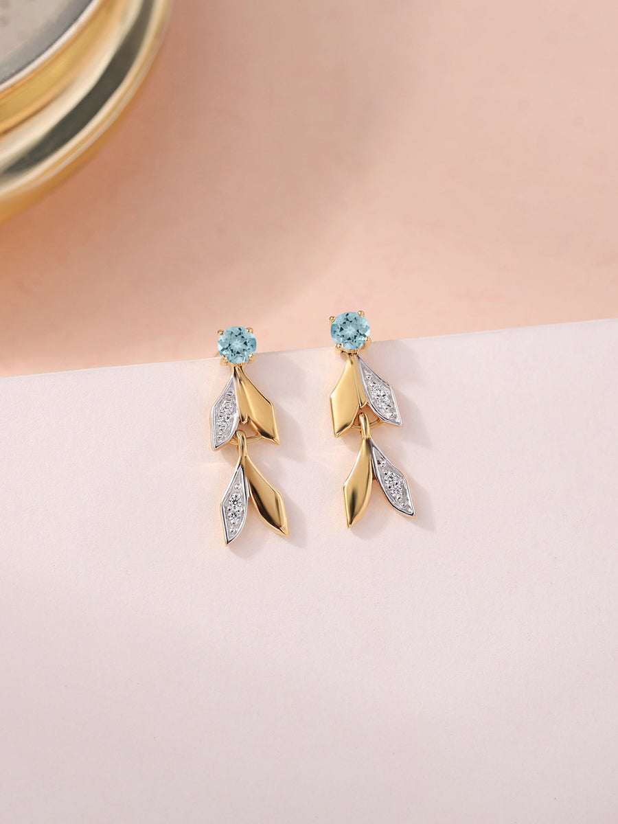 Aquamarine Leaf Gold Earrings
