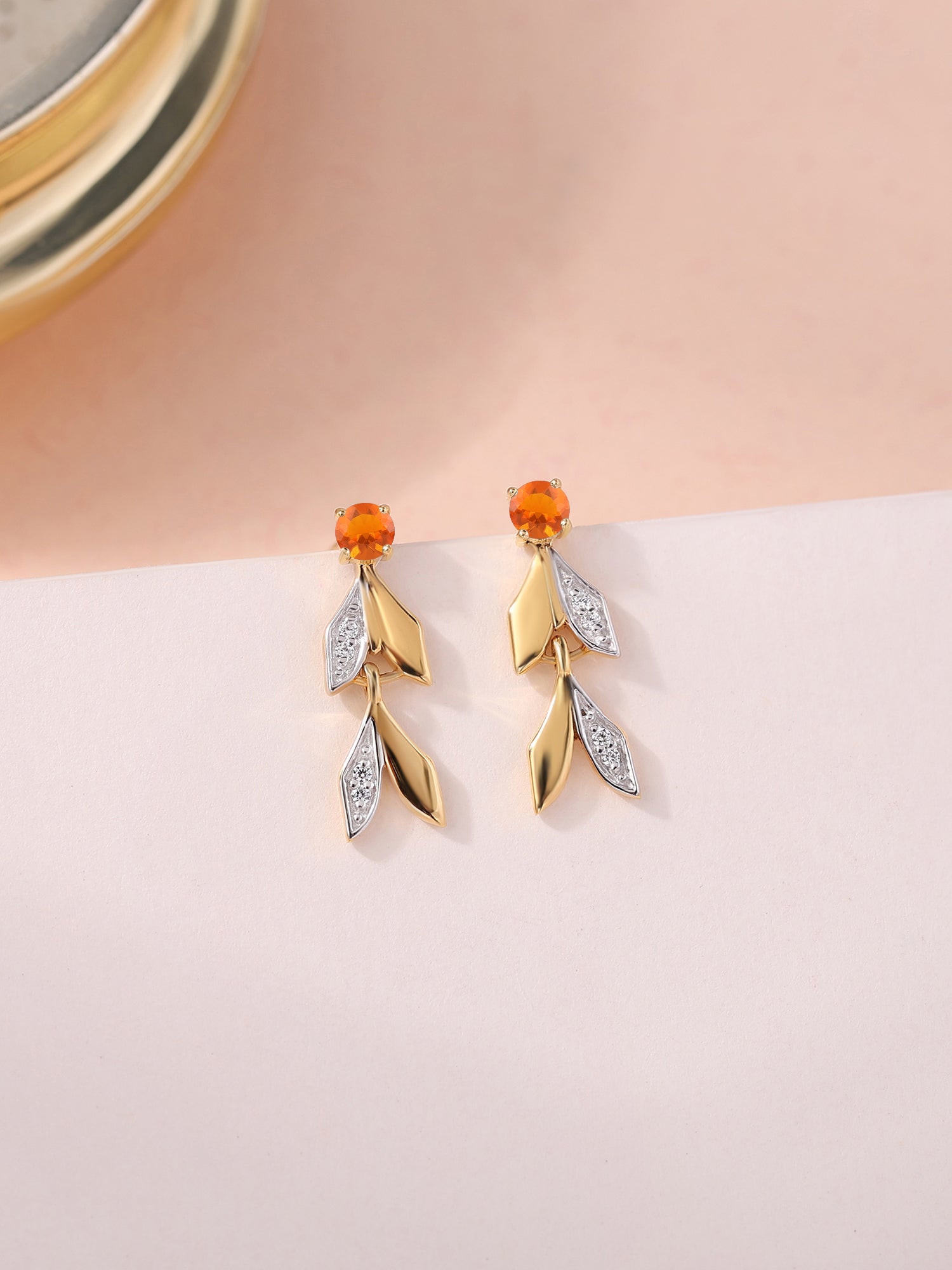 Fire Opal Leaf Gold Earrings