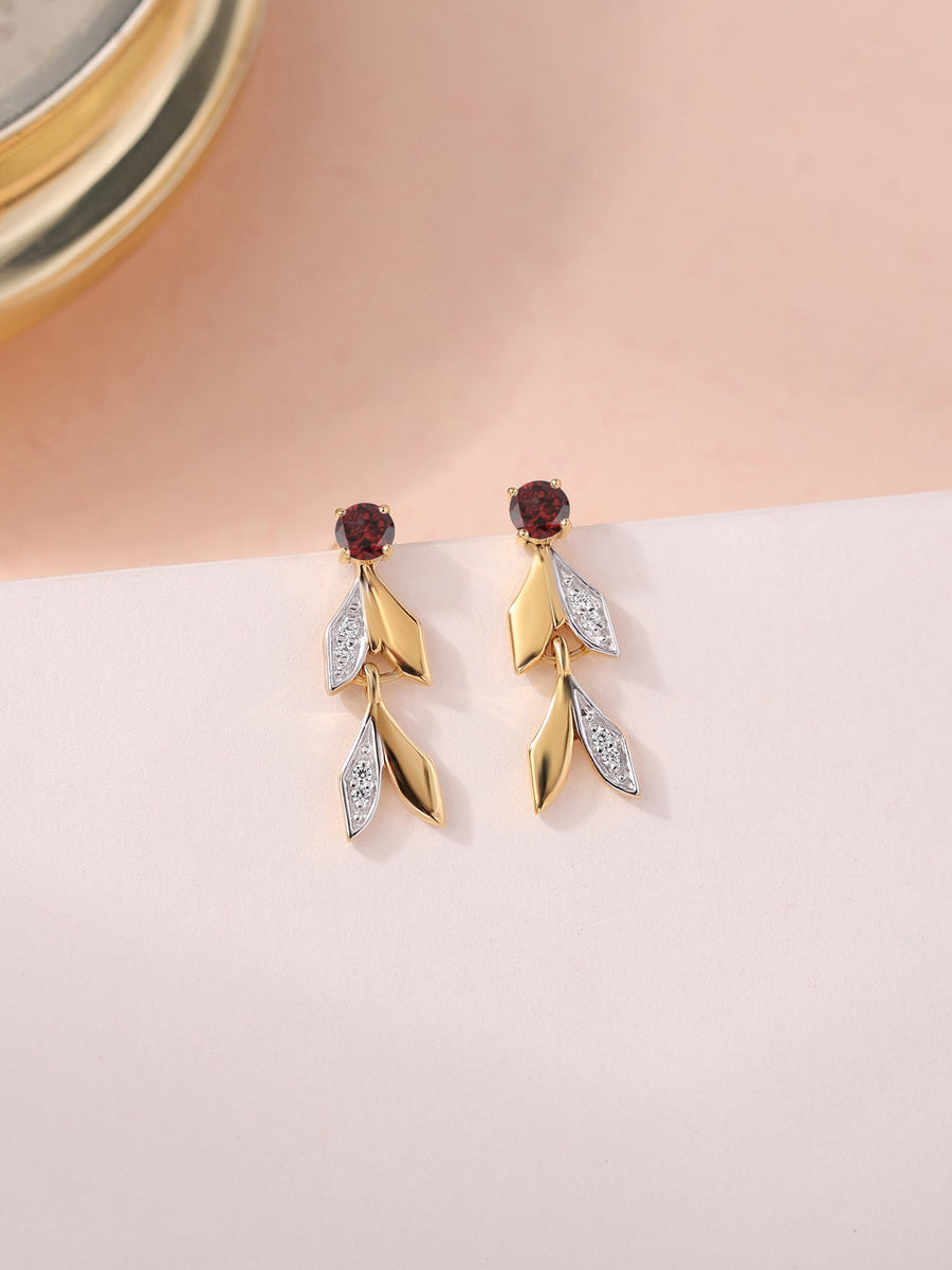 Garnet Leaf Gold Earrings