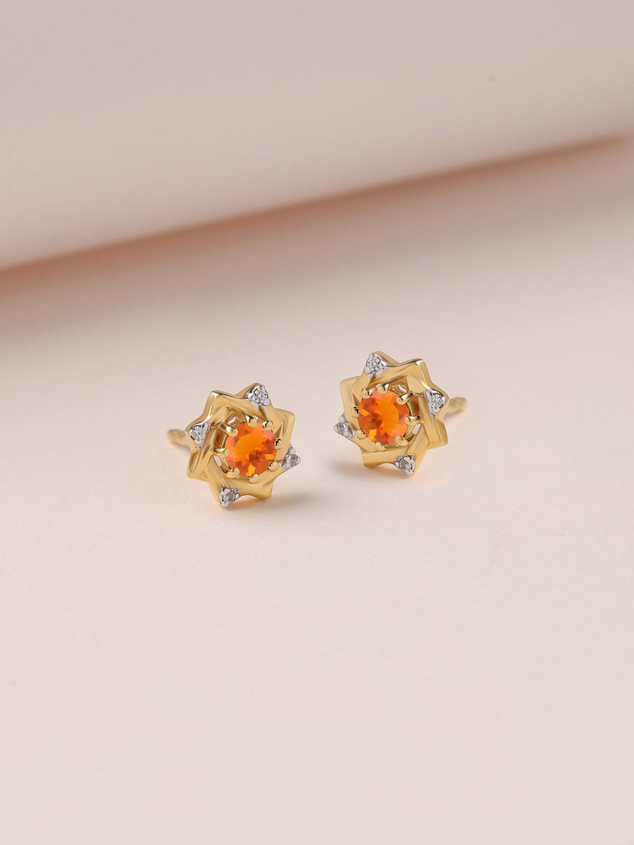 Fire Opal Woven Square Gold Earrings