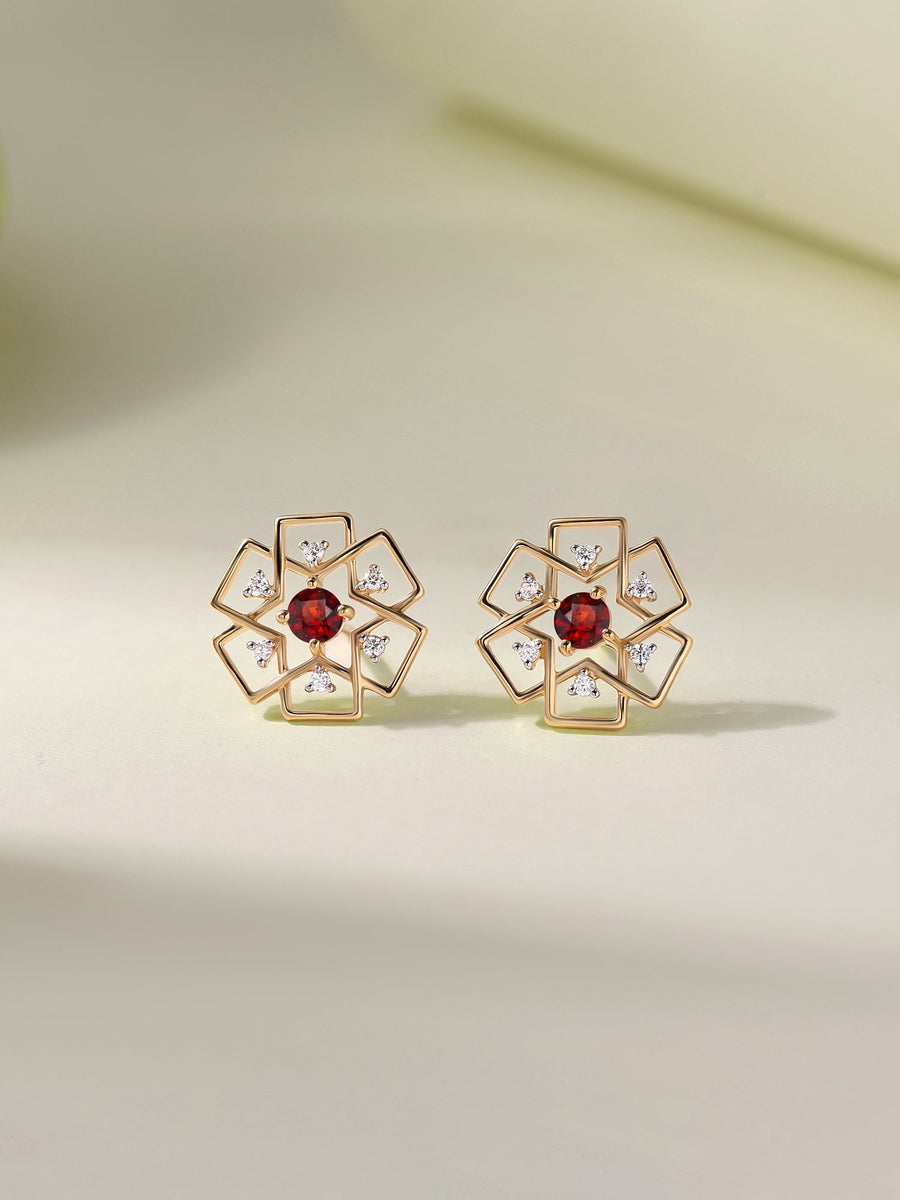 Natural Red Garnet Gold Earrings