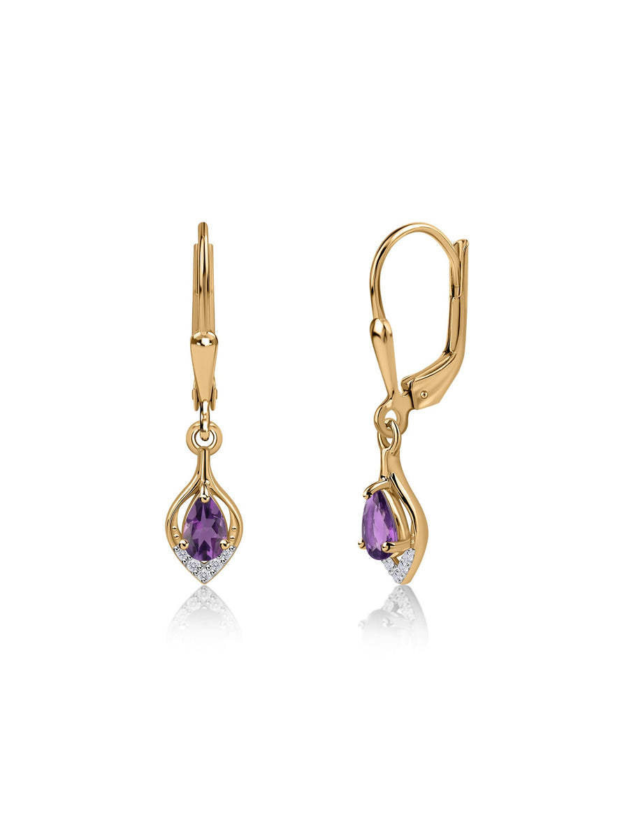 Natural Amethyst Lever Back Gold Earrings
