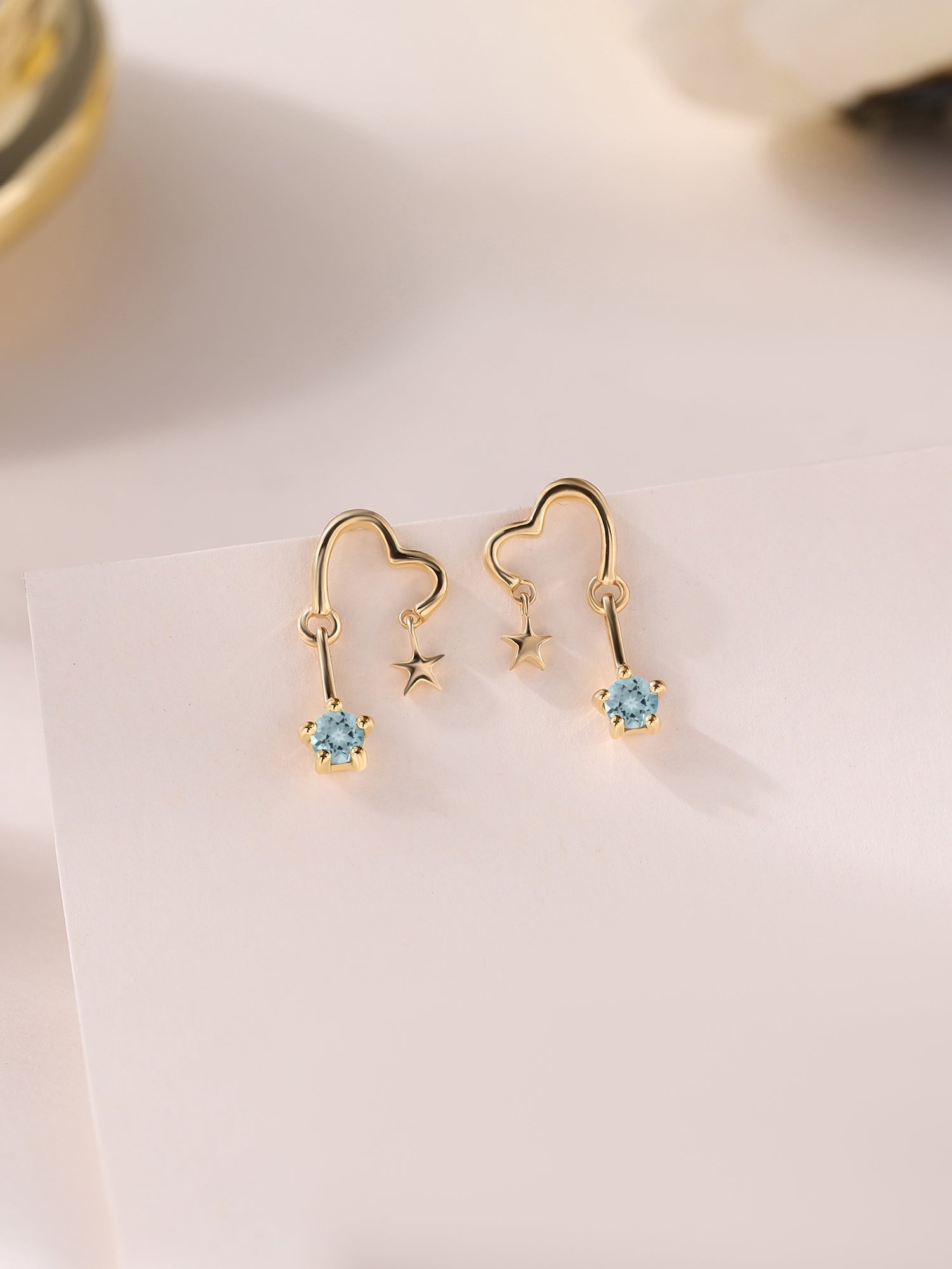 Natural Aquamarine Starry Heart Gold Earrings