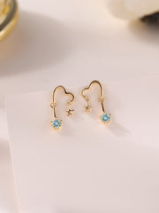 Natural Aquamarine Starry Heart Gold Earrings