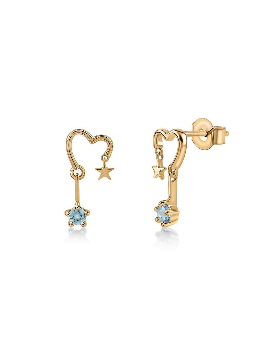 Natural Aquamarine Starry Heart Gold Earrings