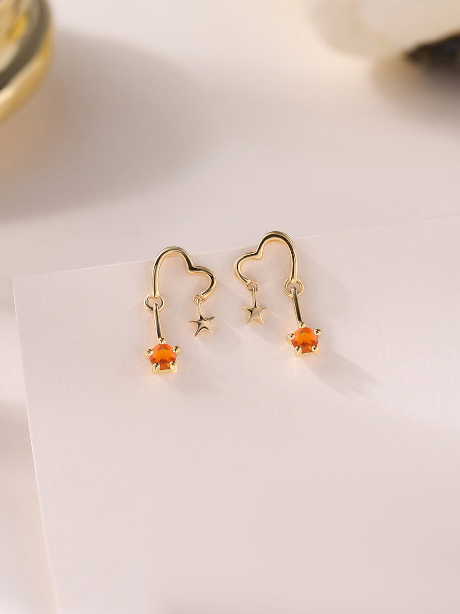 Natural Fire Opal Starry Heart Gold Earrings