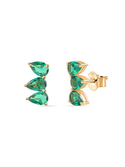 Pear green emerald CZ stud earrings in yellow gold-plated silver by Ornate Jewels