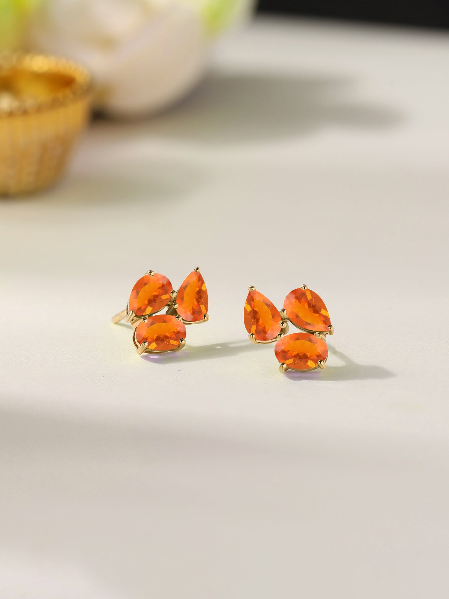 Double Pear Natural Fire Opal Gold Earrings