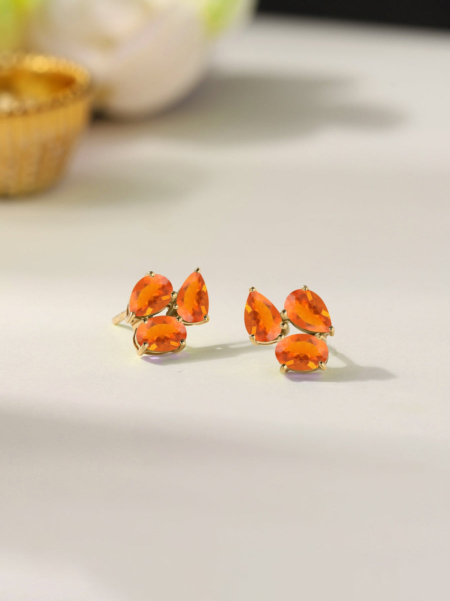 Double Pear Natural Fire Opal Gold Earrings