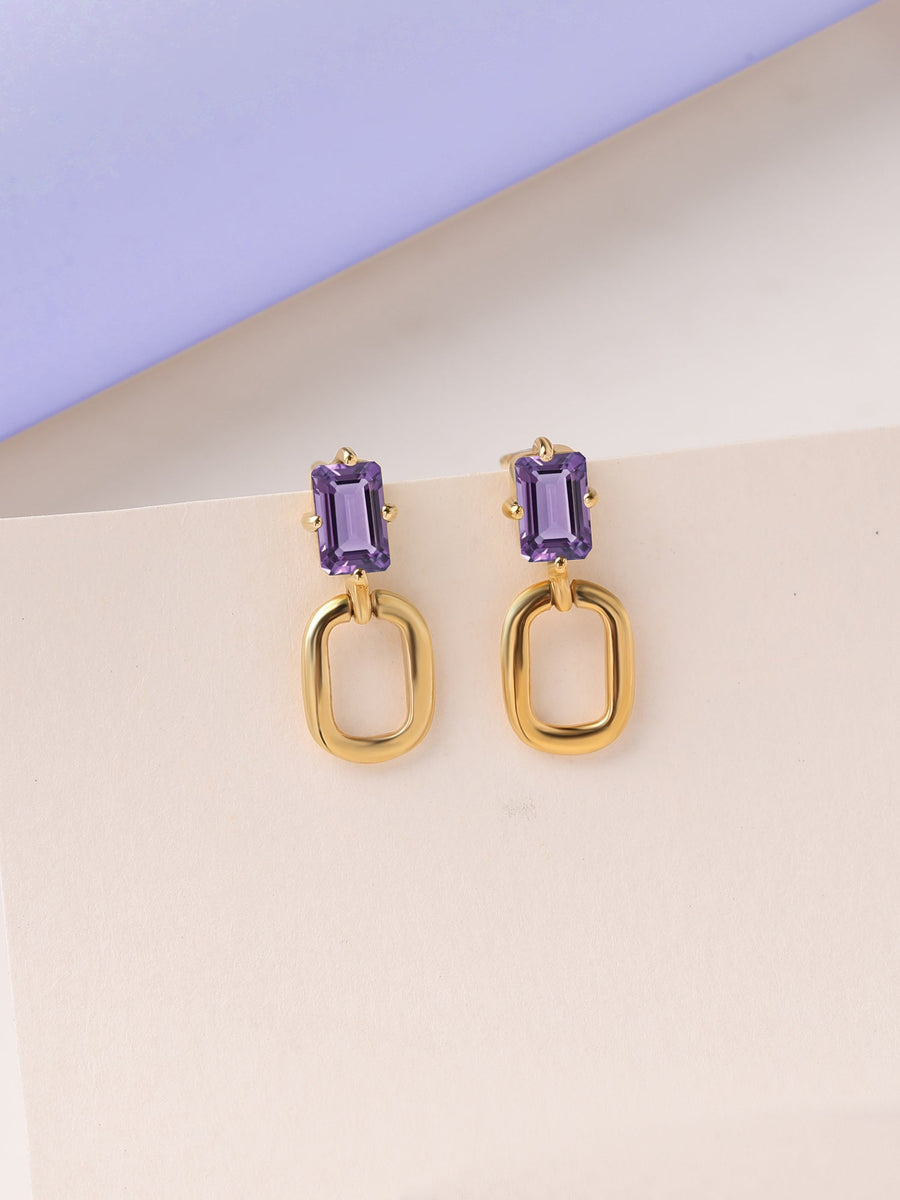 Natural Amethyst Drop Gold Earrings