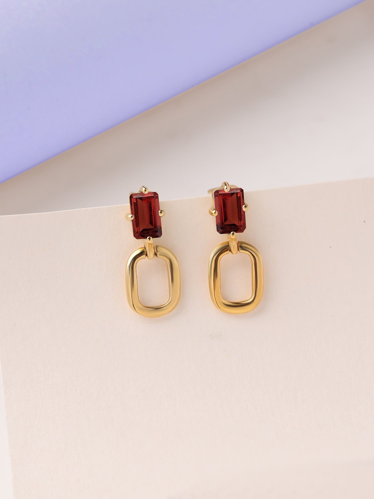 Natural Garnet Drop Gold Earrings
