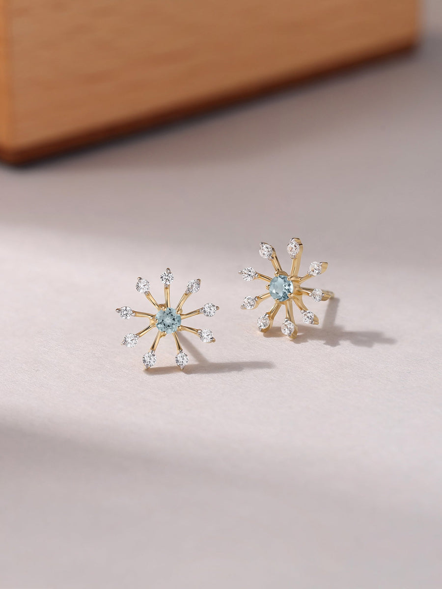 Natural Aquamarine Flower Gold Earrings