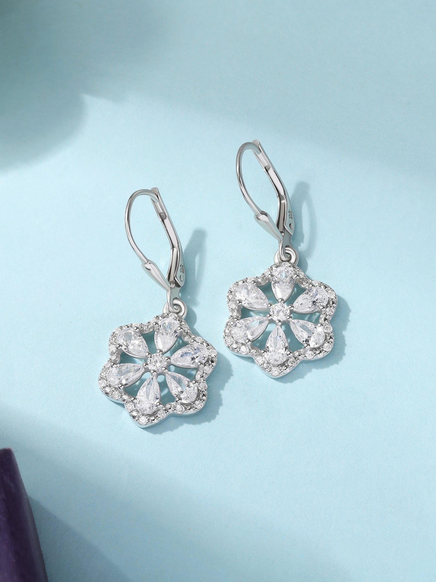 Floral White CZ Silver Drop Earrings