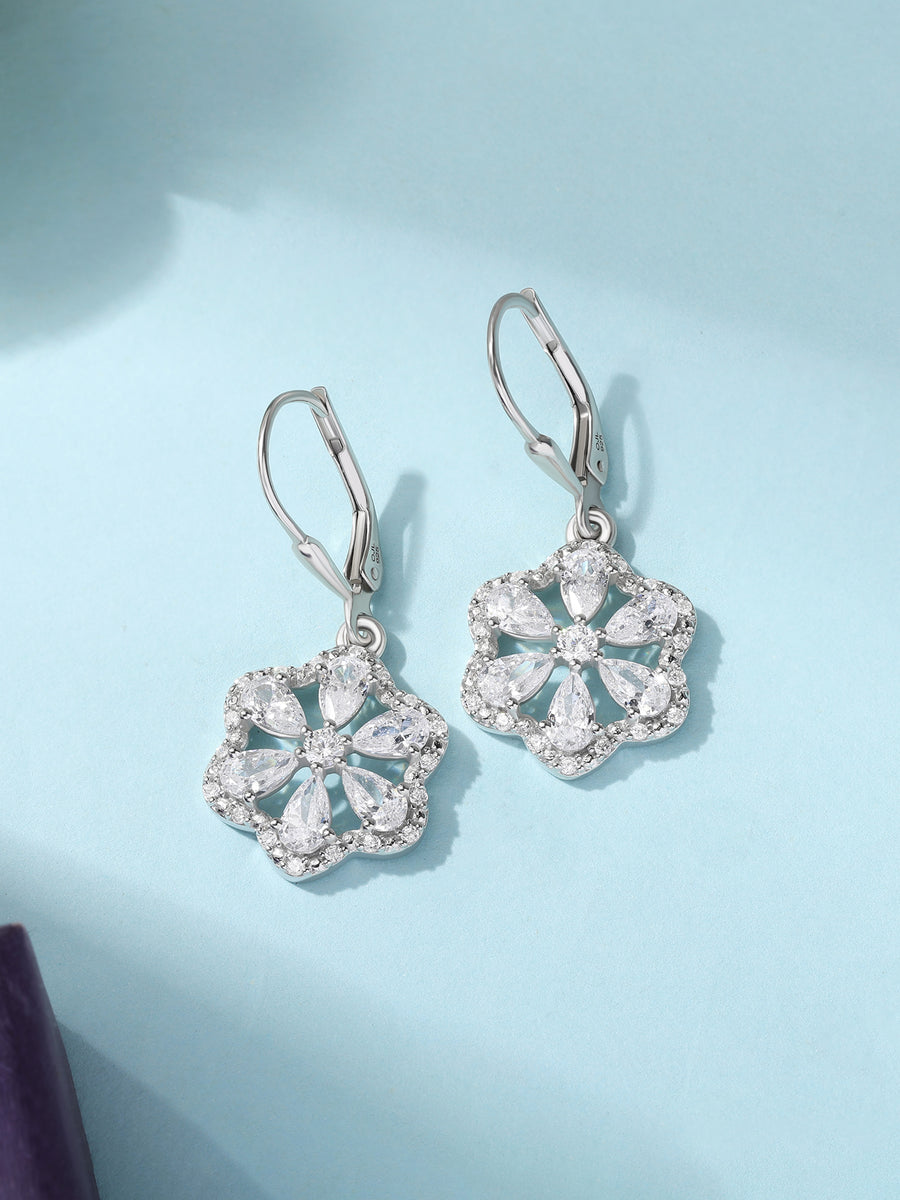 Floral White CZ Silver Drop Earrings