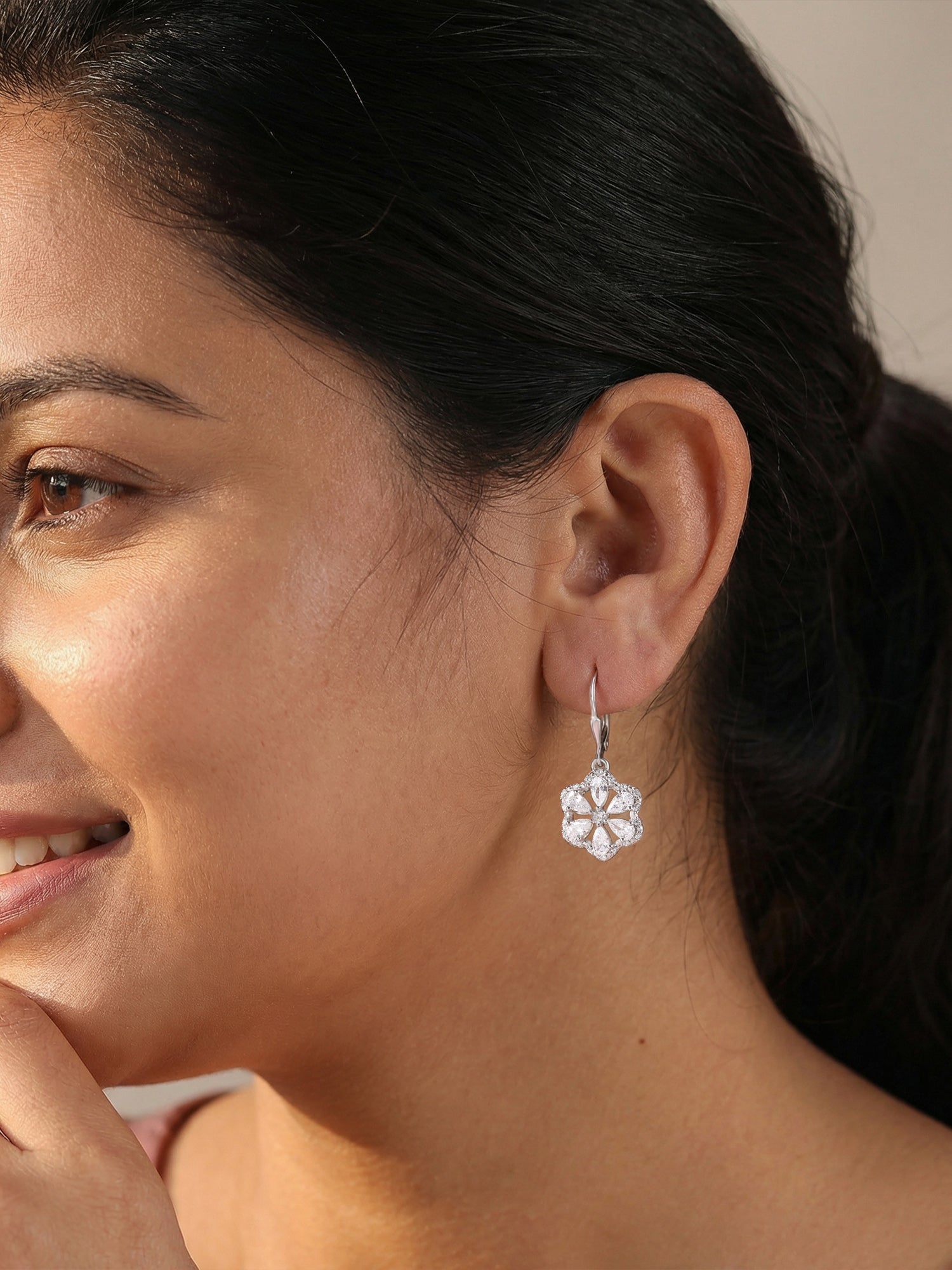 Floral White CZ Silver Drop Earrings