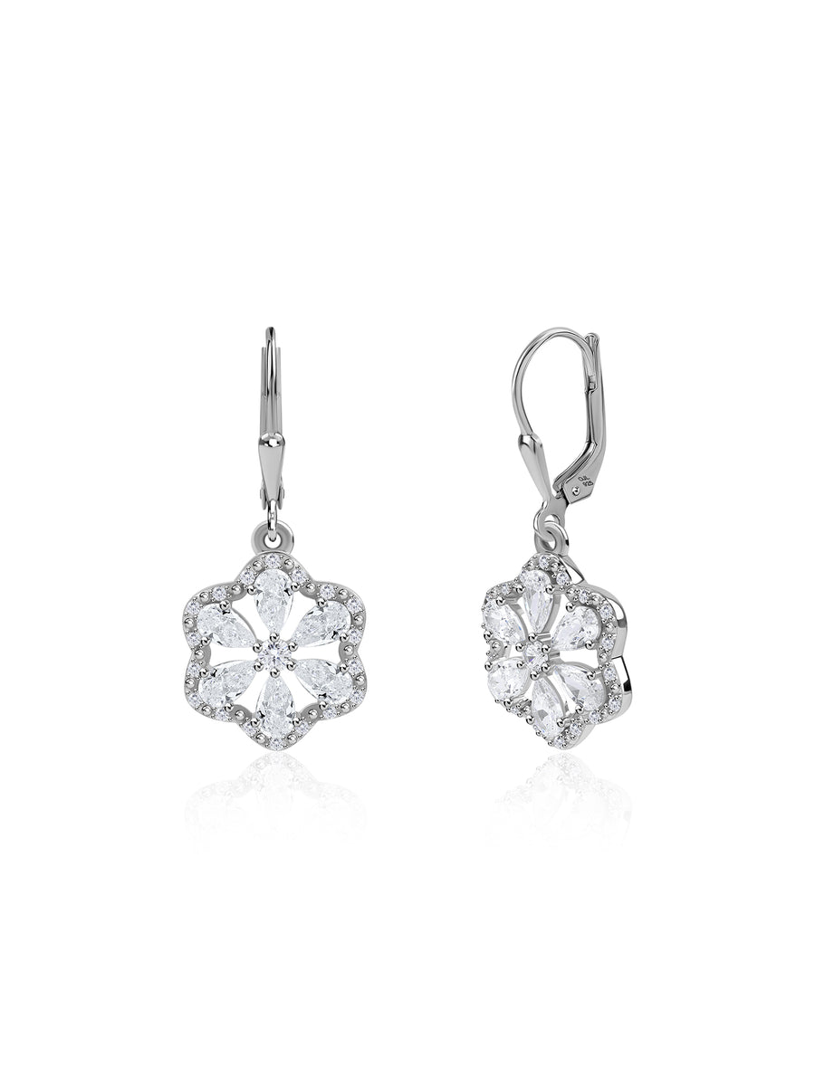 Floral White CZ Silver Drop Earrings
